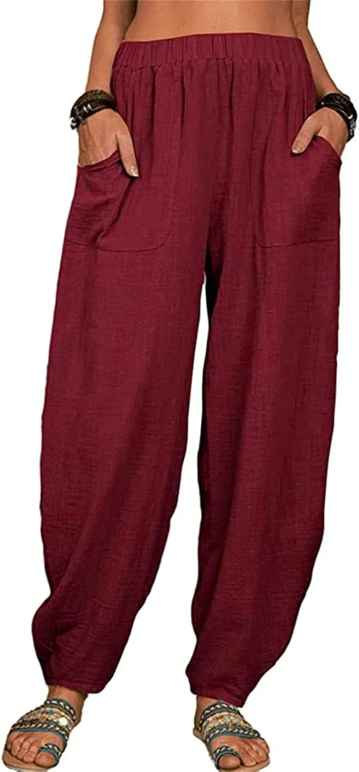 Womens Linen Wide Leg Harem Pants Casual Baggy Loose Palazzo Pants Comfy Beach Vacation Summer Trousers with Pockets