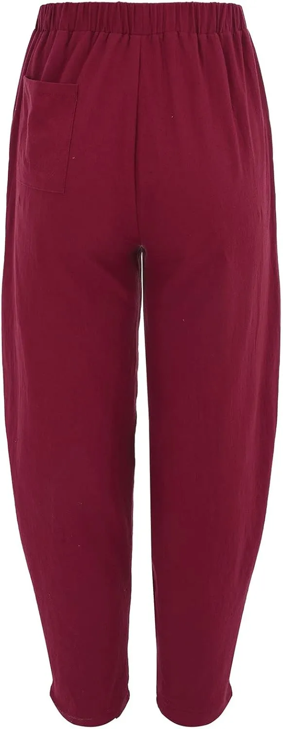 Womens Linen Wide Leg Harem Pants Casual Baggy Loose Palazzo Pants Comfy Beach Vacation Summer Trousers with Pockets