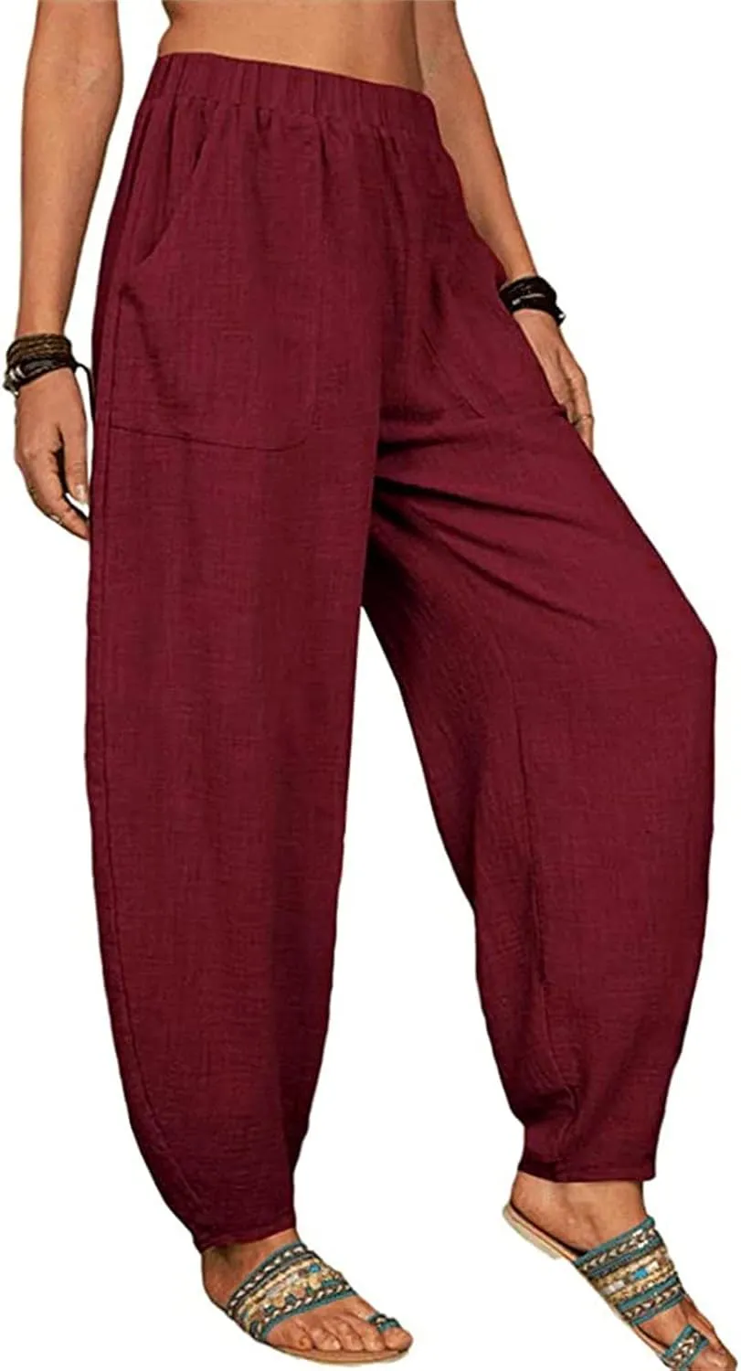 Womens Linen Wide Leg Harem Pants Casual Baggy Loose Palazzo Pants Comfy Beach Vacation Summer Trousers with Pockets