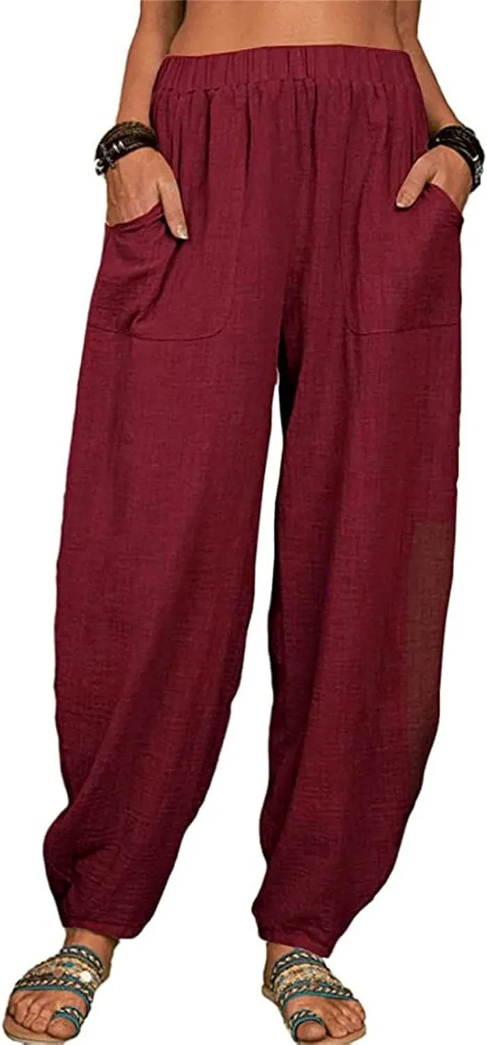 Womens Linen Wide Leg Harem Pants Casual Baggy Loose Palazzo Pants Comfy Beach Vacation Summer Trousers with Pockets