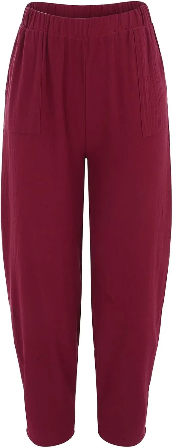 Womens Linen Wide Leg Harem Pants Casual Baggy Loose Palazzo Pants Comfy Beach Vacation Summer Trousers with Pockets