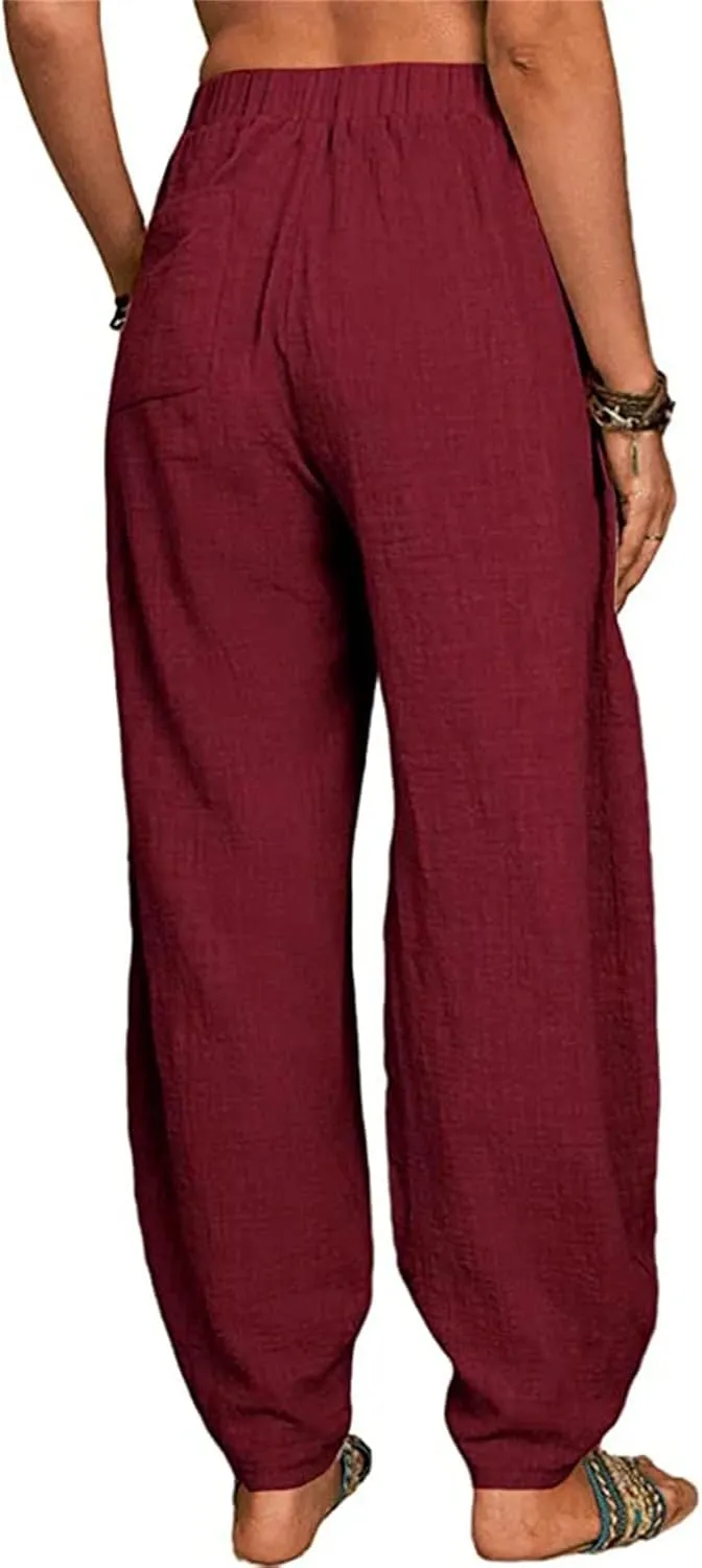 Womens Linen Wide Leg Harem Pants Casual Baggy Loose Palazzo Pants Comfy Beach Vacation Summer Trousers with Pockets
