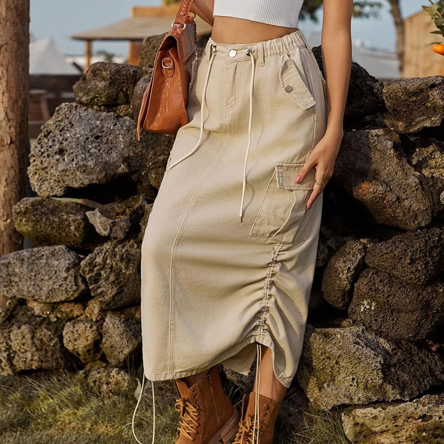 Women's Long Denim Skirt High Waist Split Jean Adjustable Drawstring A-Line Midi Y2K Cargo Skirt with Flap Pockets