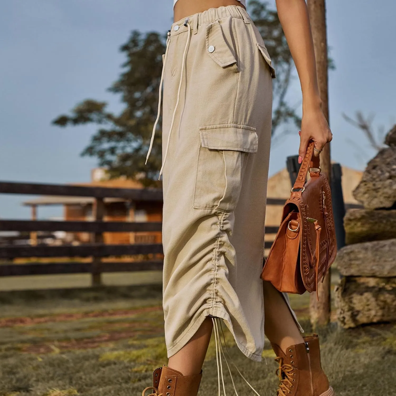 Women's Long Denim Skirt High Waist Split Jean Adjustable Drawstring A-Line Midi Y2K Cargo Skirt with Flap Pockets