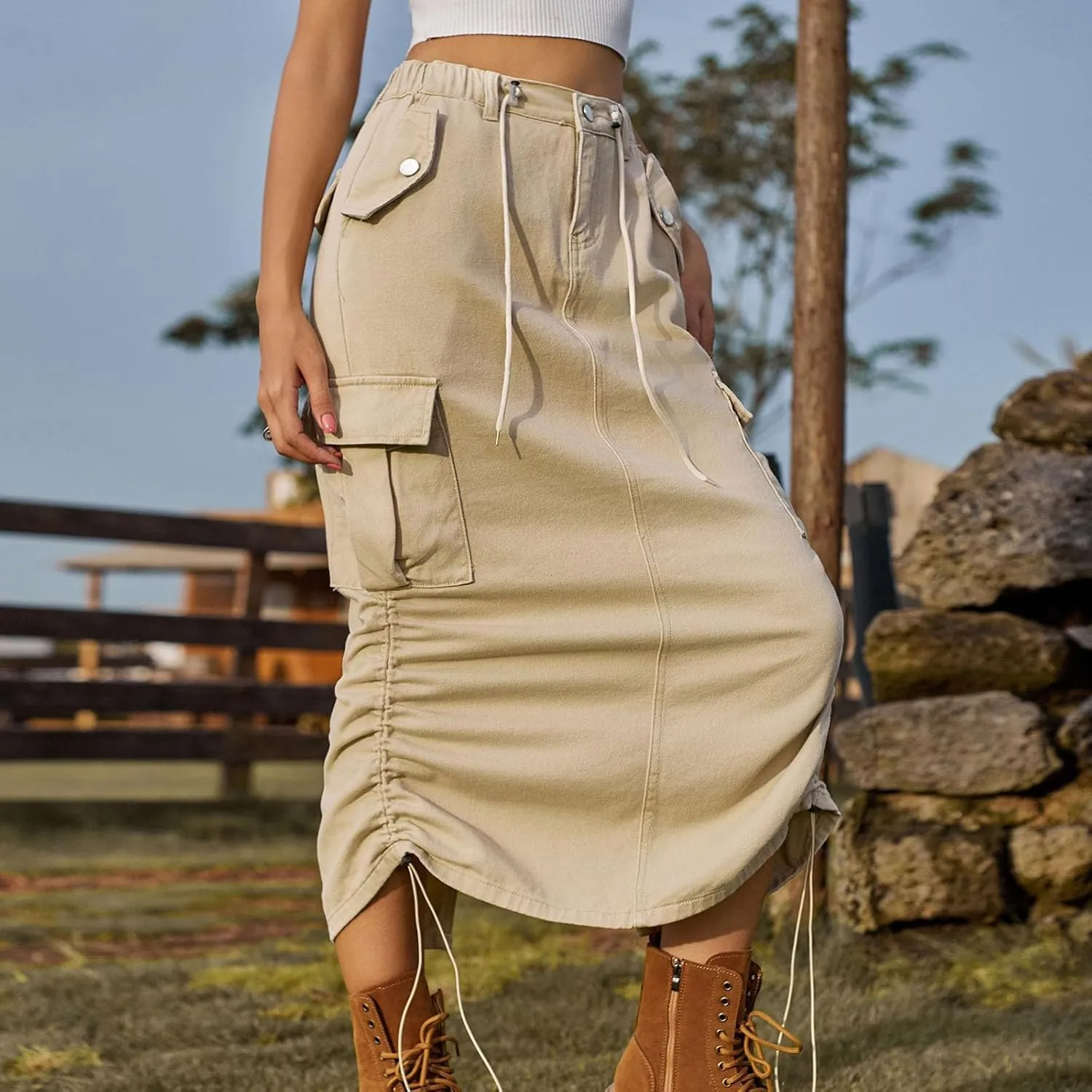Women's Long Denim Skirt High Waist Split Jean Adjustable Drawstring A-Line Midi Y2K Cargo Skirt with Flap Pockets