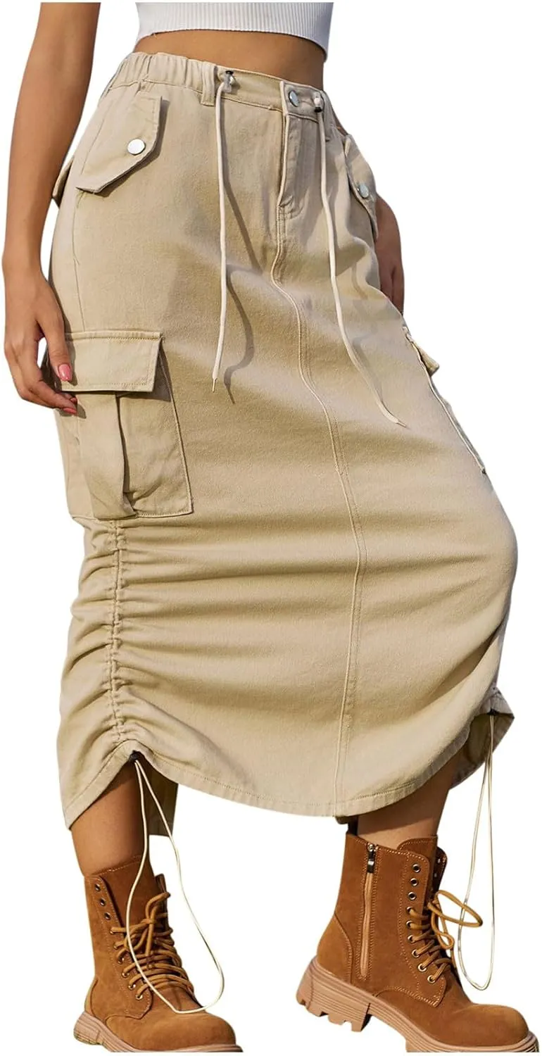 Women's Long Denim Skirt High Waist Split Jean Adjustable Drawstring A-Line Midi Y2K Cargo Skirt with Flap Pockets