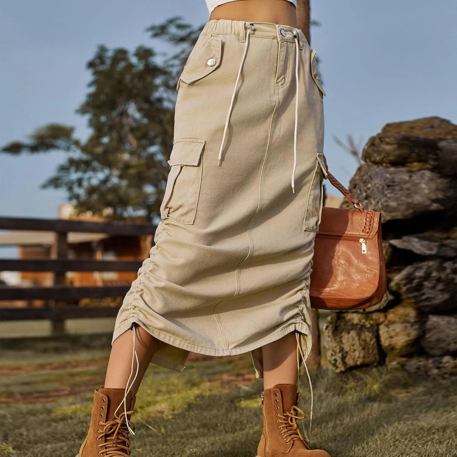 Women's Long Denim Skirt High Waist Split Jean Adjustable Drawstring A-Line Midi Y2K Cargo Skirt with Flap Pockets