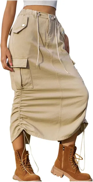 Women's Long Denim Skirt High Waist Split Jean Adjustable Drawstring A-Line Midi Y2K Cargo Skirt with Flap Pockets