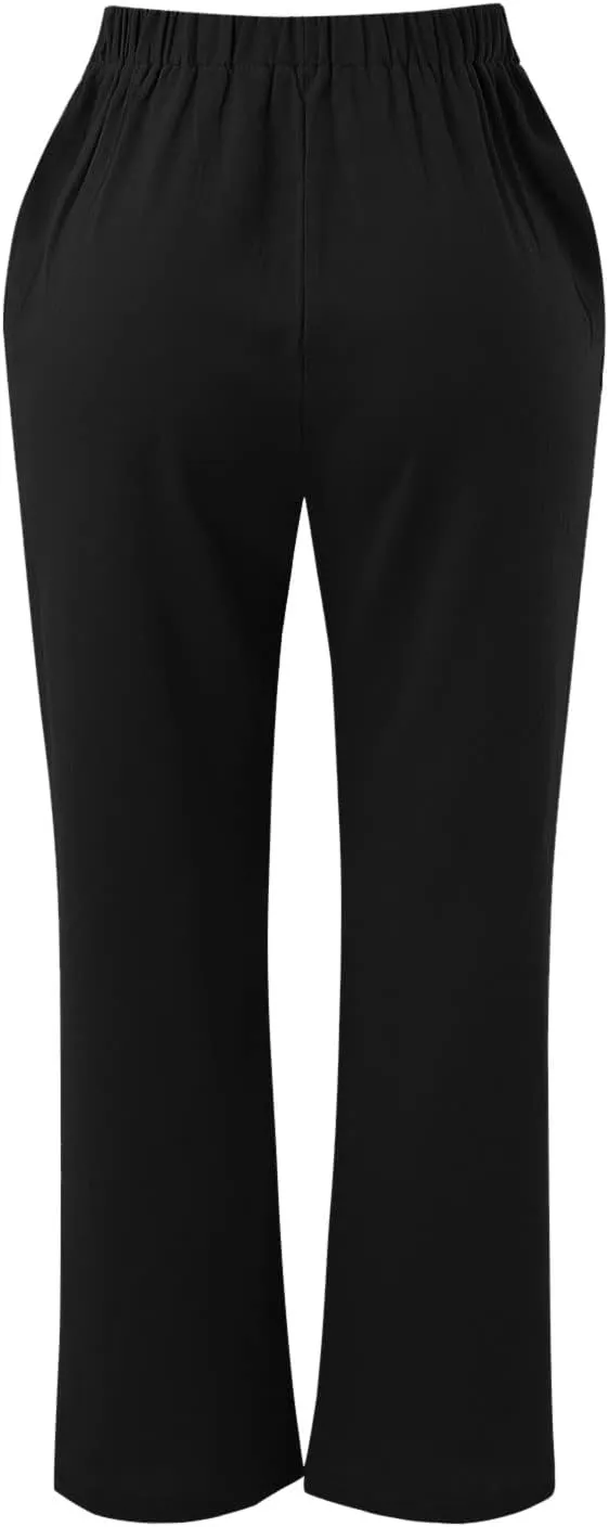 Womens Loose Capri Pants Cotton Linen Casual High Waisted Solid Harem Lightweight Office Trousers with Pockets