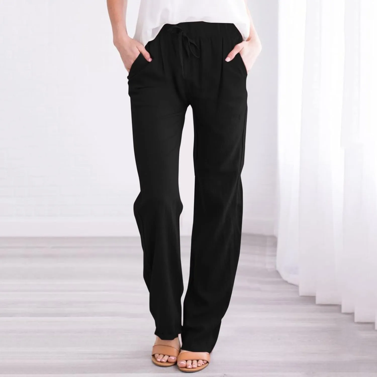 Womens Loose Capri Pants Cotton Linen Casual High Waisted Solid Harem Lightweight Office Trousers with Pockets