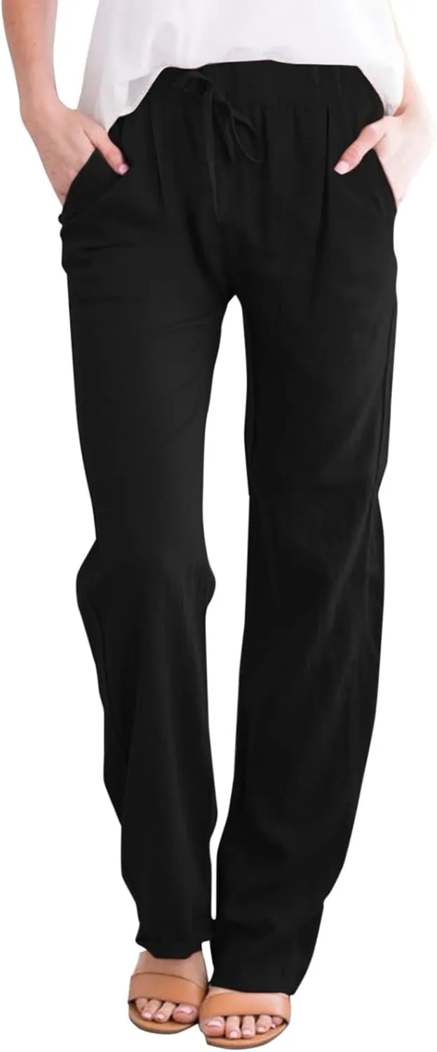Womens Loose Capri Pants Cotton Linen Casual High Waisted Solid Harem Lightweight Office Trousers with Pockets