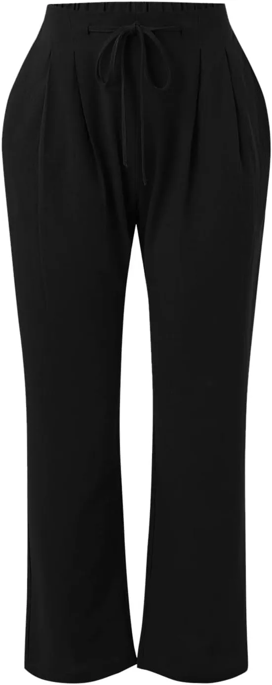 Womens Loose Capri Pants Cotton Linen Casual High Waisted Solid Harem Lightweight Office Trousers with Pockets