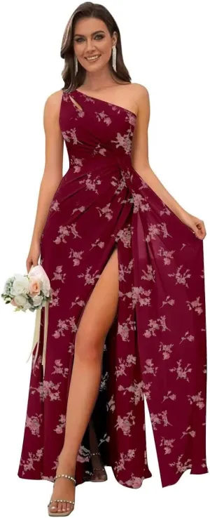Women's One Shoulder Bridesmaid Dresses Long Floral Chiffon Formal Evening Gown with Slit Bohemian