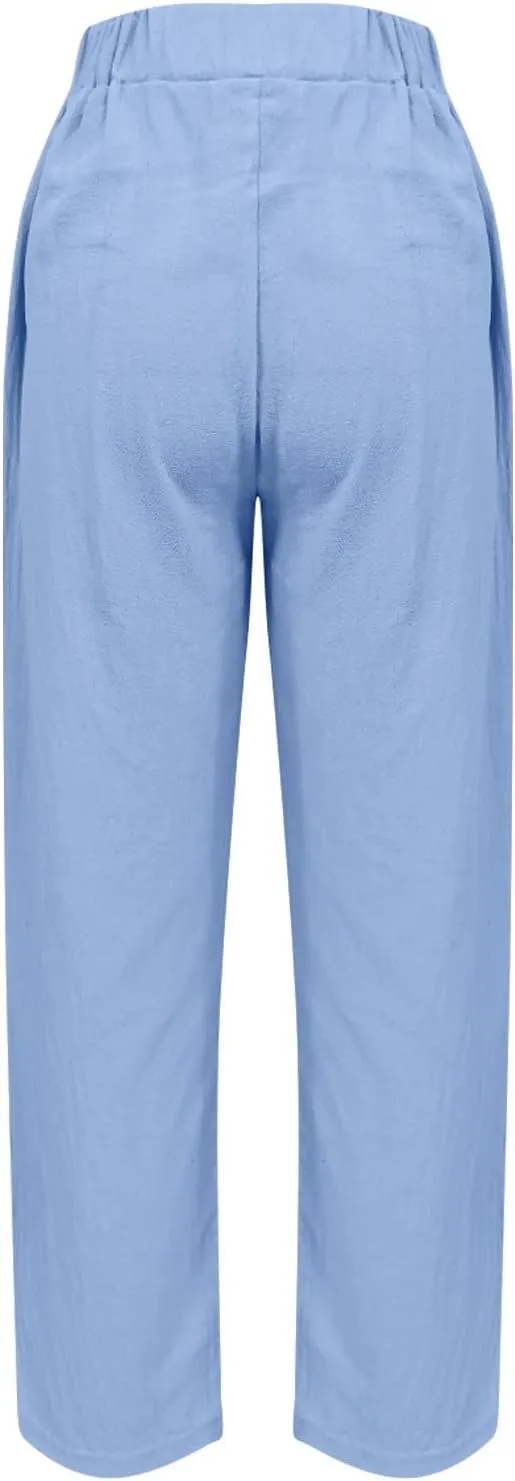 Womens Palazzo Pants Beach Trousers Casual Lightweight Elastic Waist Pants with Pockets Loose Fit Full Length Pants