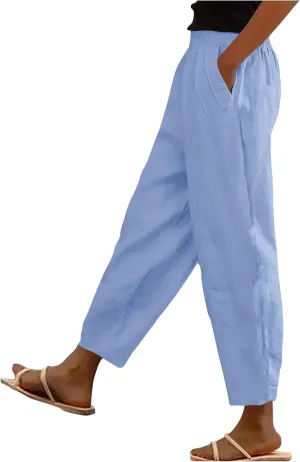 Womens Palazzo Pants Beach Trousers Casual Lightweight Elastic Waist Pants with Pockets Loose Fit Full Length Pants