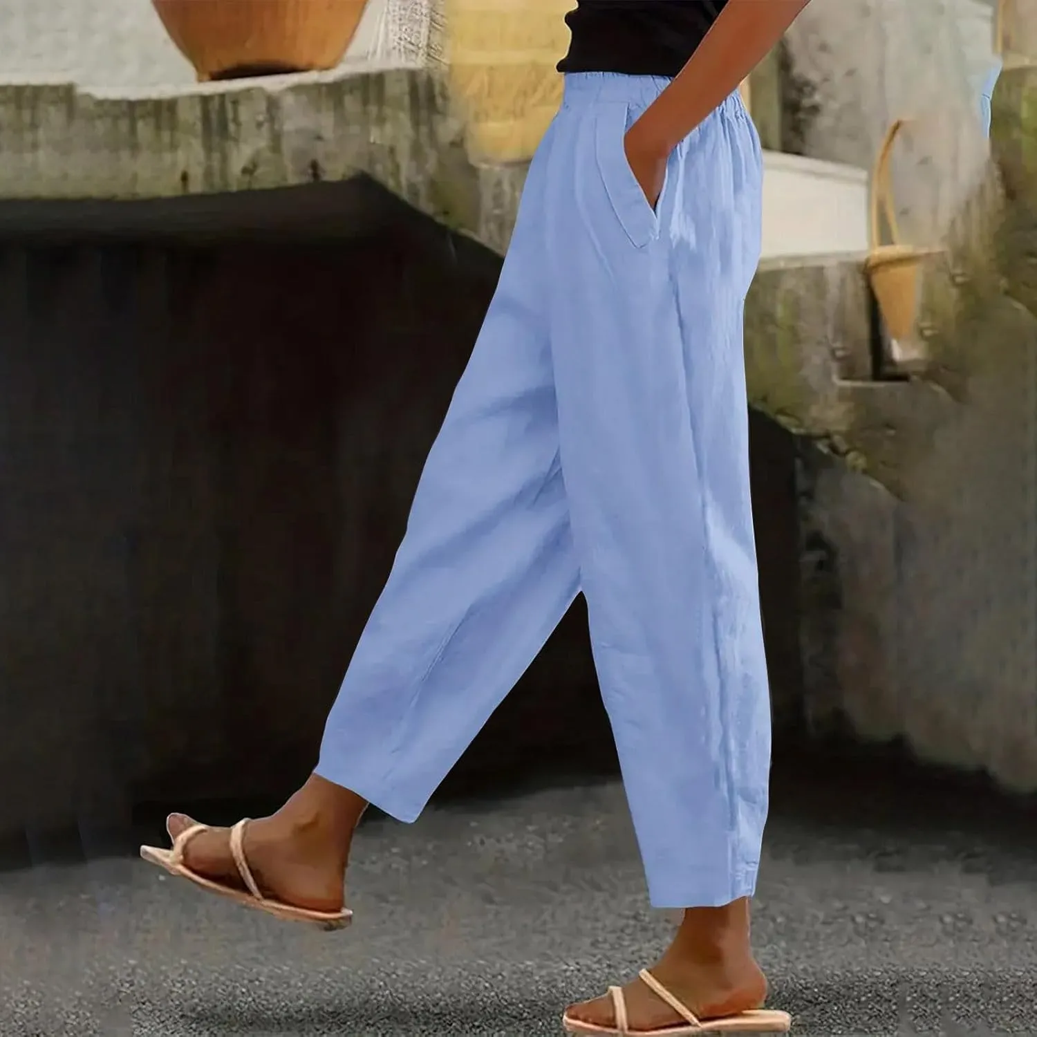 Womens Palazzo Pants Beach Trousers Casual Lightweight Elastic Waist Pants with Pockets Loose Fit Full Length Pants