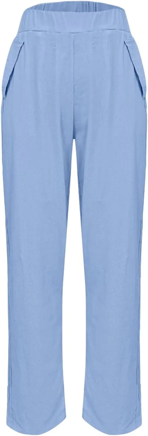 Womens Palazzo Pants Beach Trousers Casual Lightweight Elastic Waist Pants with Pockets Loose Fit Full Length Pants