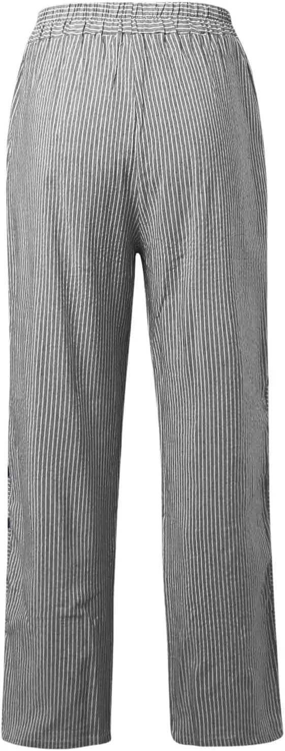 Women's Pants Summer Striped Wide Leg Pants Side Button Lightweight Beach Elastic Waist Casual Cropped Pant w/Pockets