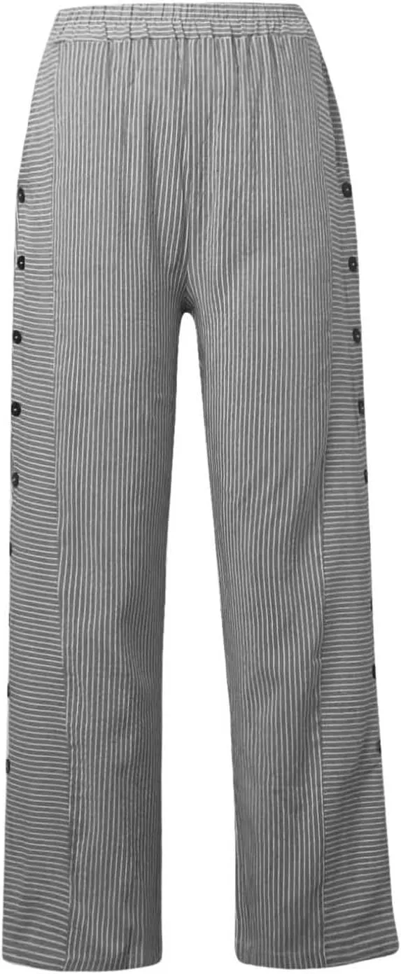 Women's Pants Summer Striped Wide Leg Pants Side Button Lightweight Beach Elastic Waist Casual Cropped Pant w/Pockets