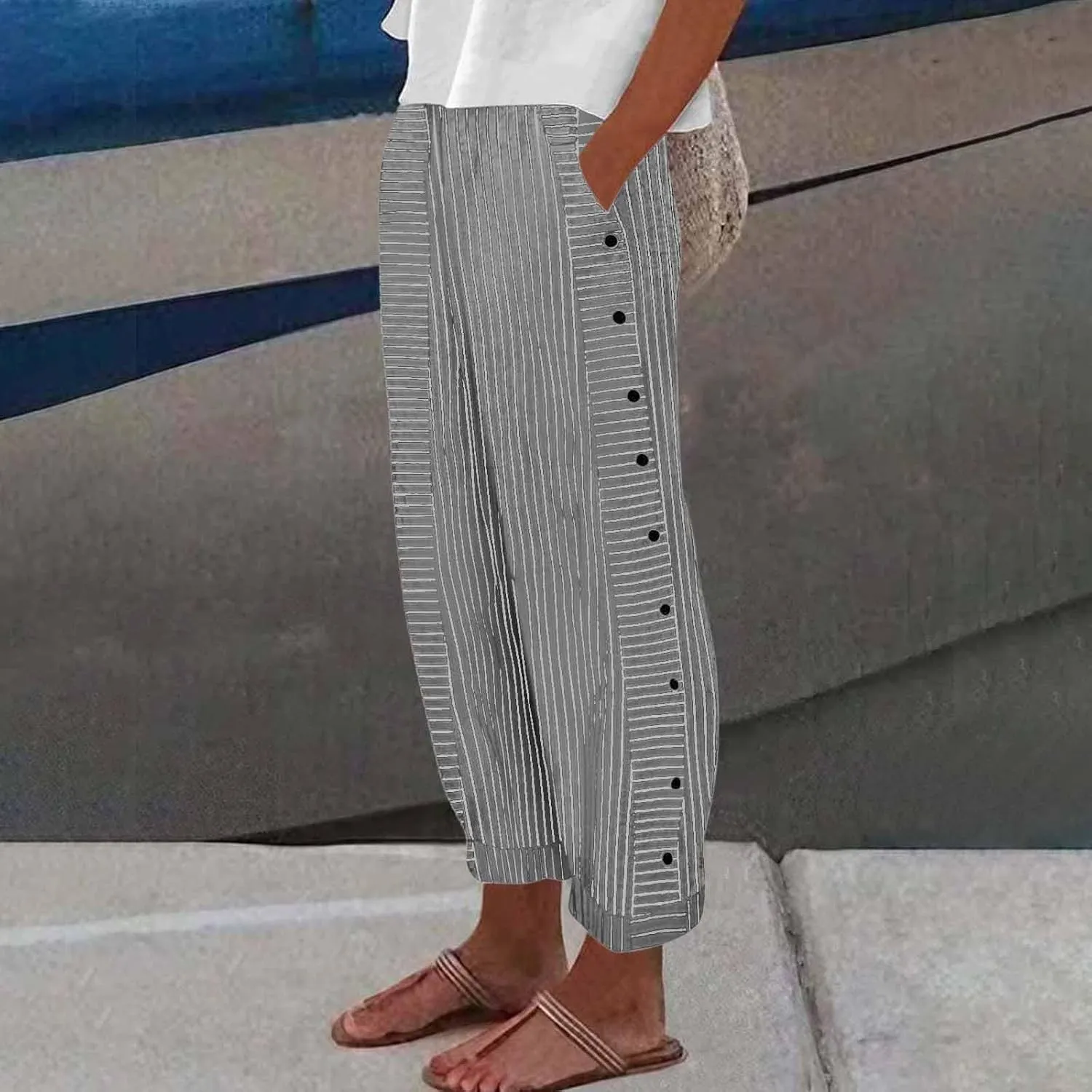 Women's Pants Summer Striped Wide Leg Pants Side Button Lightweight Beach Elastic Waist Casual Cropped Pant w/Pockets