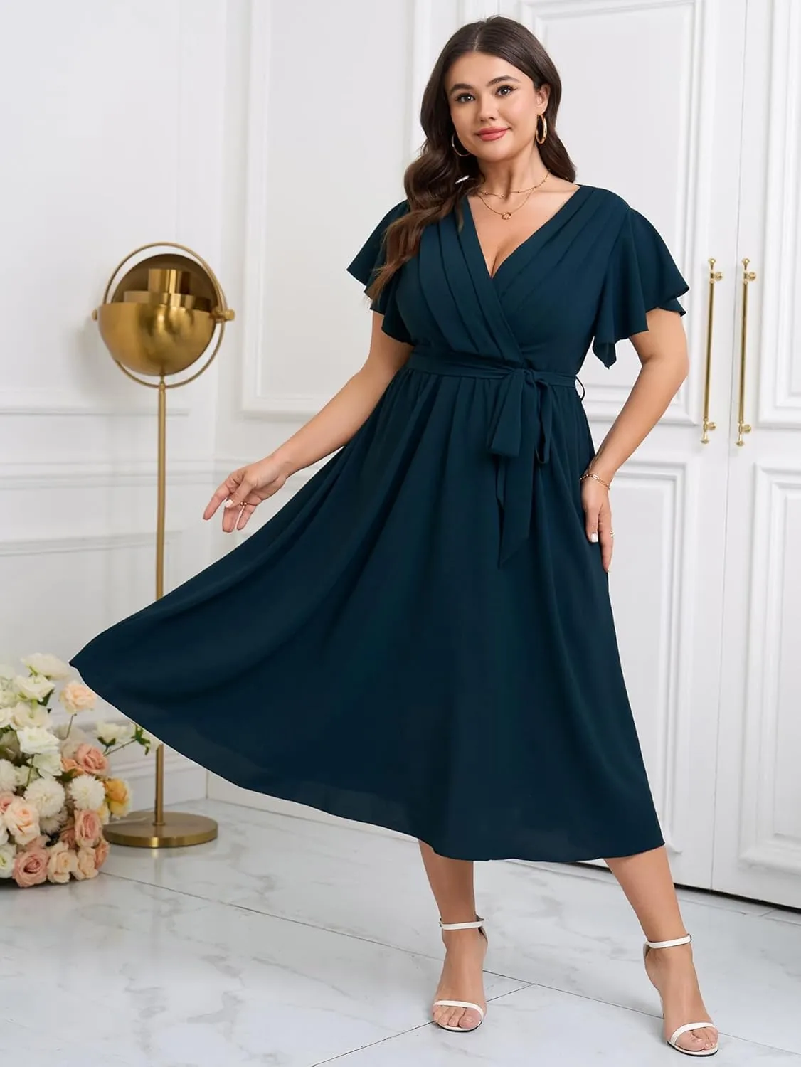 Womens Plus Size Dress Wedding Guest Cocktail Pleated V Neck Wrap V Neck Flowy A Line Midi Dresses with Belt