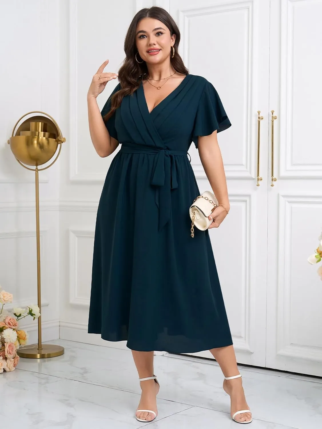 Womens Plus Size Dress Wedding Guest Cocktail Pleated V Neck Wrap V Neck Flowy A Line Midi Dresses with Belt