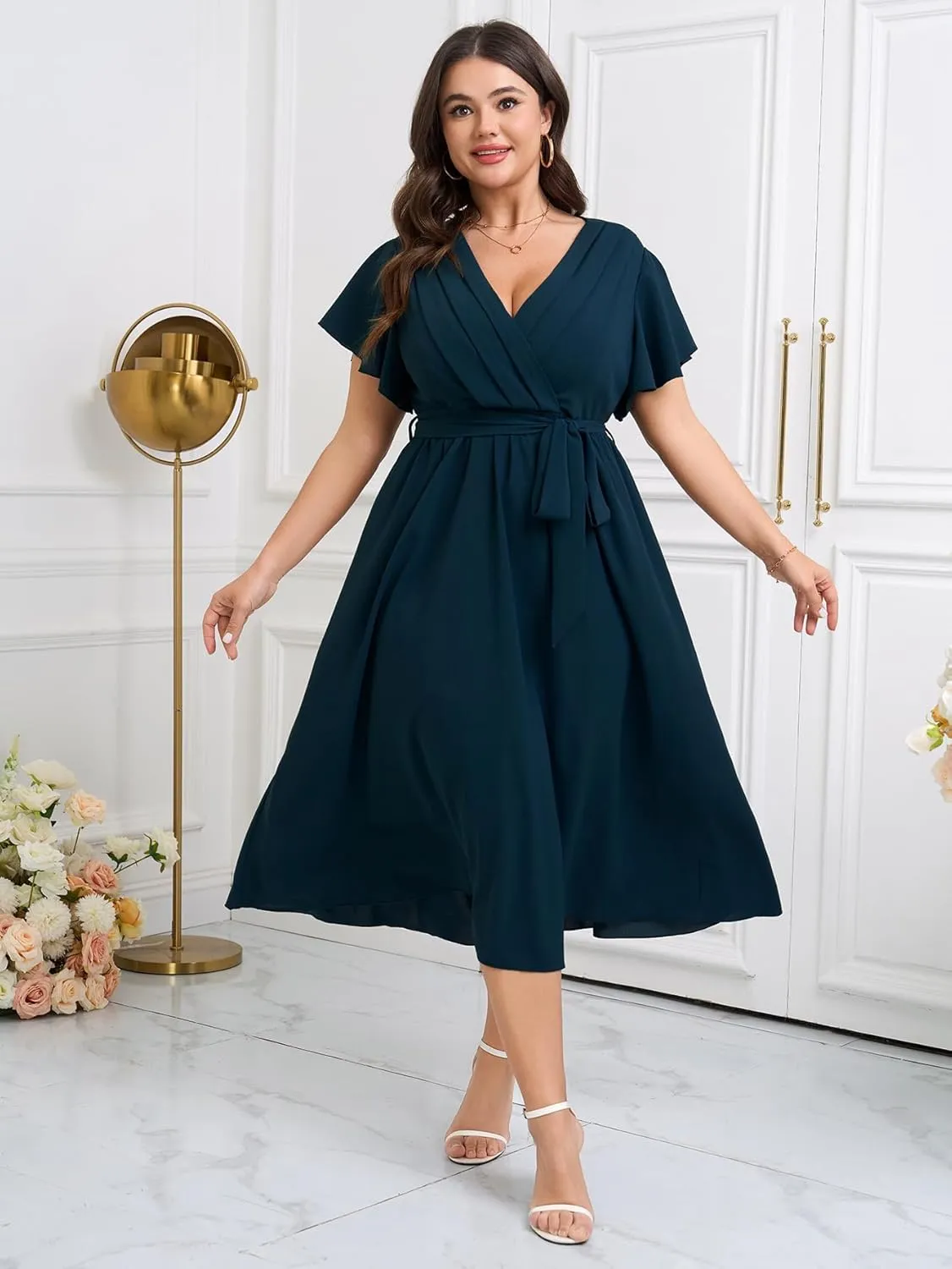 Womens Plus Size Dress Wedding Guest Cocktail Pleated V Neck Wrap V Neck Flowy A Line Midi Dresses with Belt