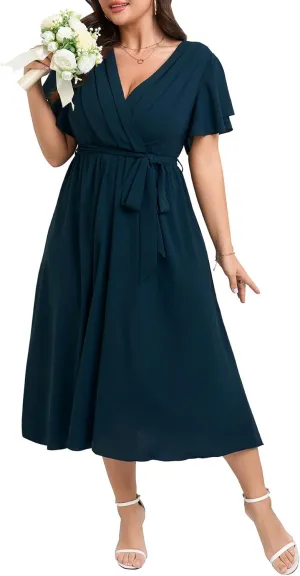 Womens Plus Size Dress Wedding Guest Cocktail Pleated V Neck Wrap V Neck Flowy A Line Midi Dresses with Belt