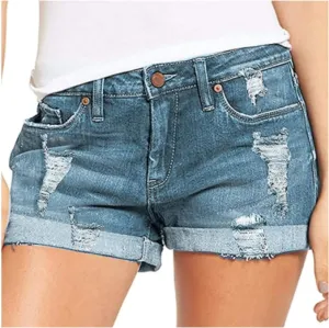 Womens Ripped Denim Jean Shorts High Waisted Stretchy Folded Hem Short Jeans Summer Casual Plus Size Baggy Y2K Shorts