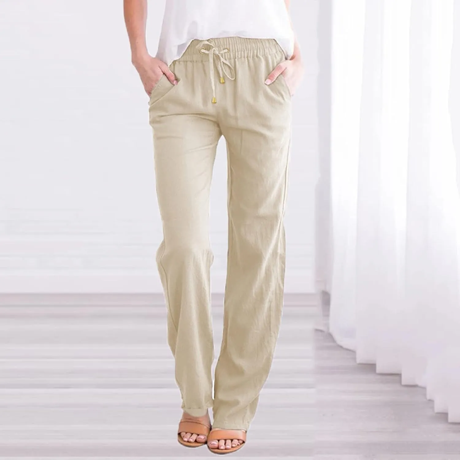 Women's Running Sweatpants Cotton Linen Casual Joggers Pants Summer Wide Leg Trousers with Pocket 2025