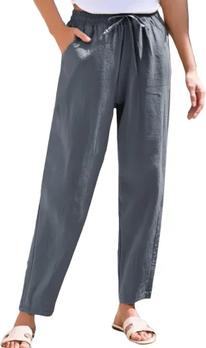 Women's Straight Leg Pants Elastic Drawstring Casual Trousers with Pockets Summer Beach Lounge Pants