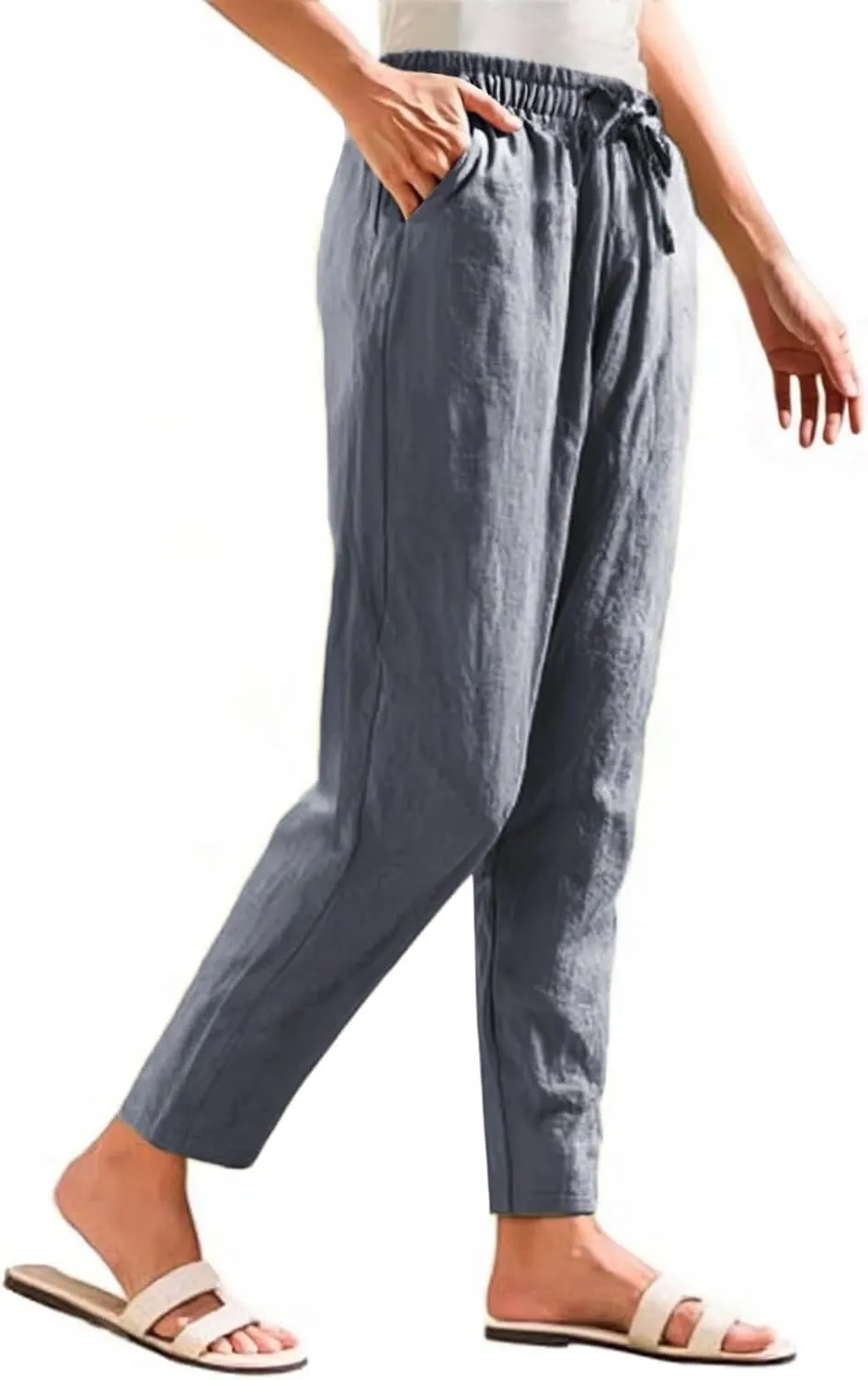 Women's Straight Leg Pants Elastic Drawstring Casual Trousers with Pockets Summer Beach Lounge Pants