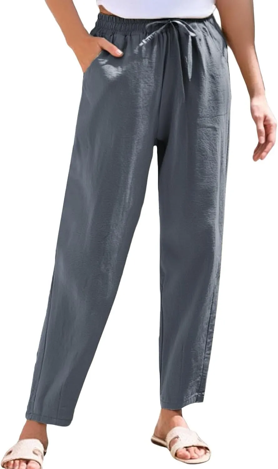 Women's Straight Leg Pants Elastic Drawstring Casual Trousers with Pockets Summer Beach Lounge Pants