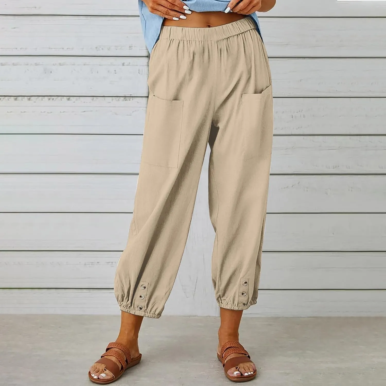 Women's Summer Casual Capri Pants Beach Vacation Lightweight Cotton Linen Pants Cinch Bottom Cropped Trouser