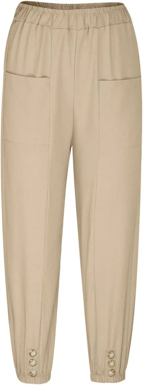 Women's Summer Casual Capri Pants Beach Vacation Lightweight Cotton Linen Pants Cinch Bottom Cropped Trouser