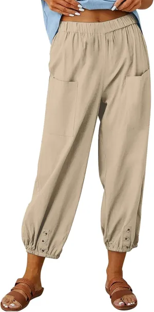 Women's Summer Casual Capri Pants Beach Vacation Lightweight Cotton Linen Pants Cinch Bottom Cropped Trouser