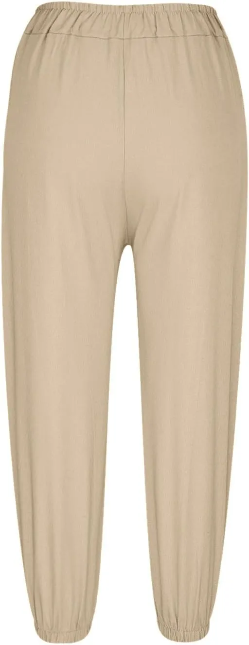 Women's Summer Casual Capri Pants Beach Vacation Lightweight Cotton Linen Pants Cinch Bottom Cropped Trouser