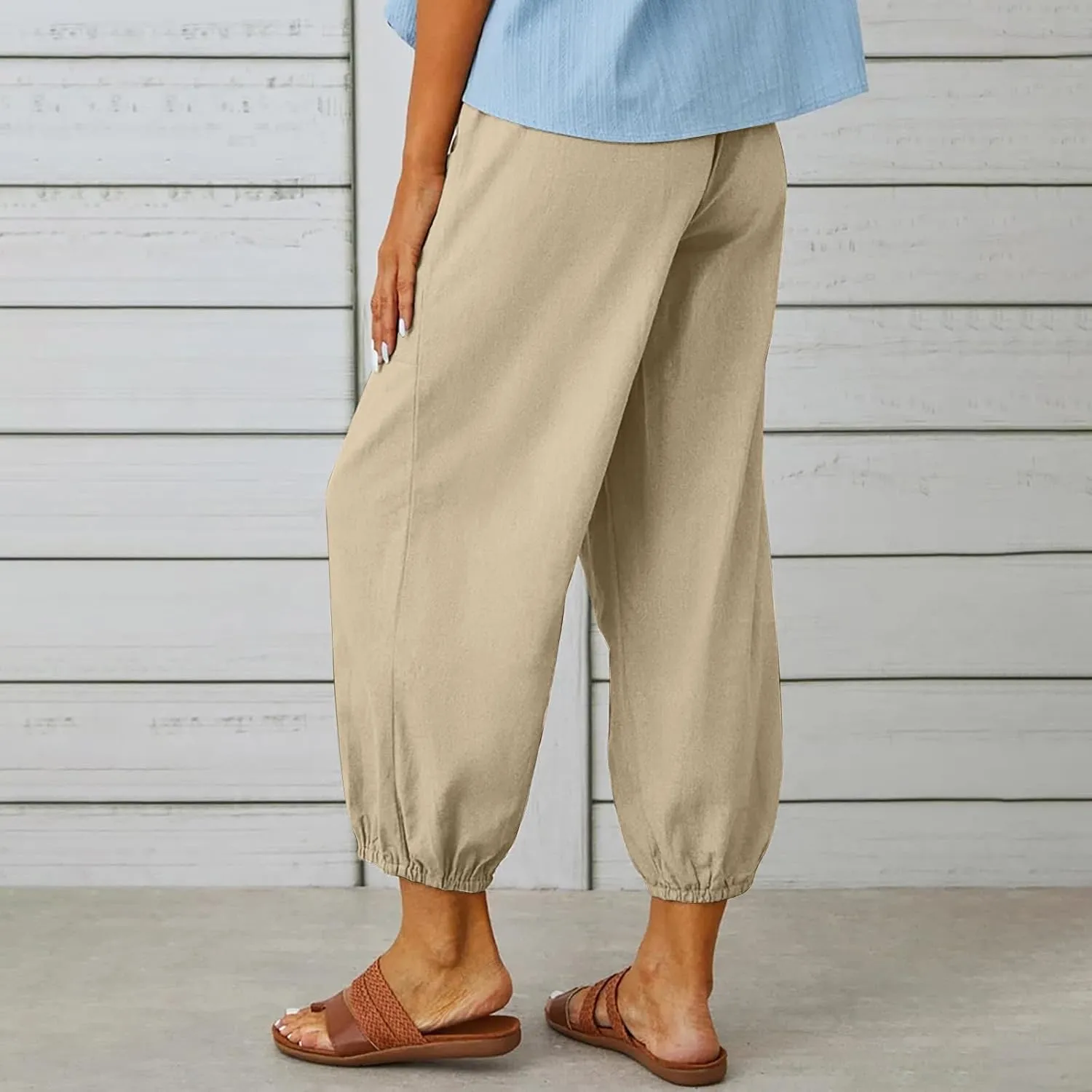 Women's Summer Casual Capri Pants Beach Vacation Lightweight Cotton Linen Pants Cinch Bottom Cropped Trouser