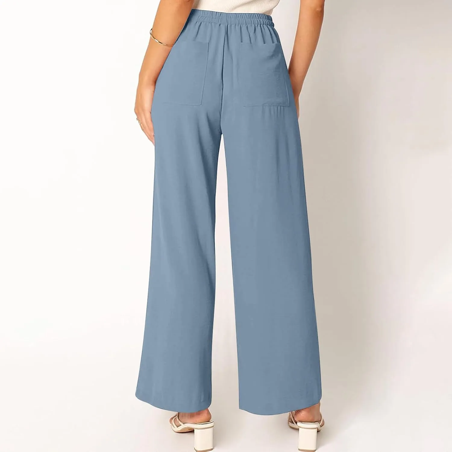 Women's Summer Casual Solid Color Cotton Linen Trousers Drawstring Elastic High Waist Wide Leg Pants with 4 Pockets
