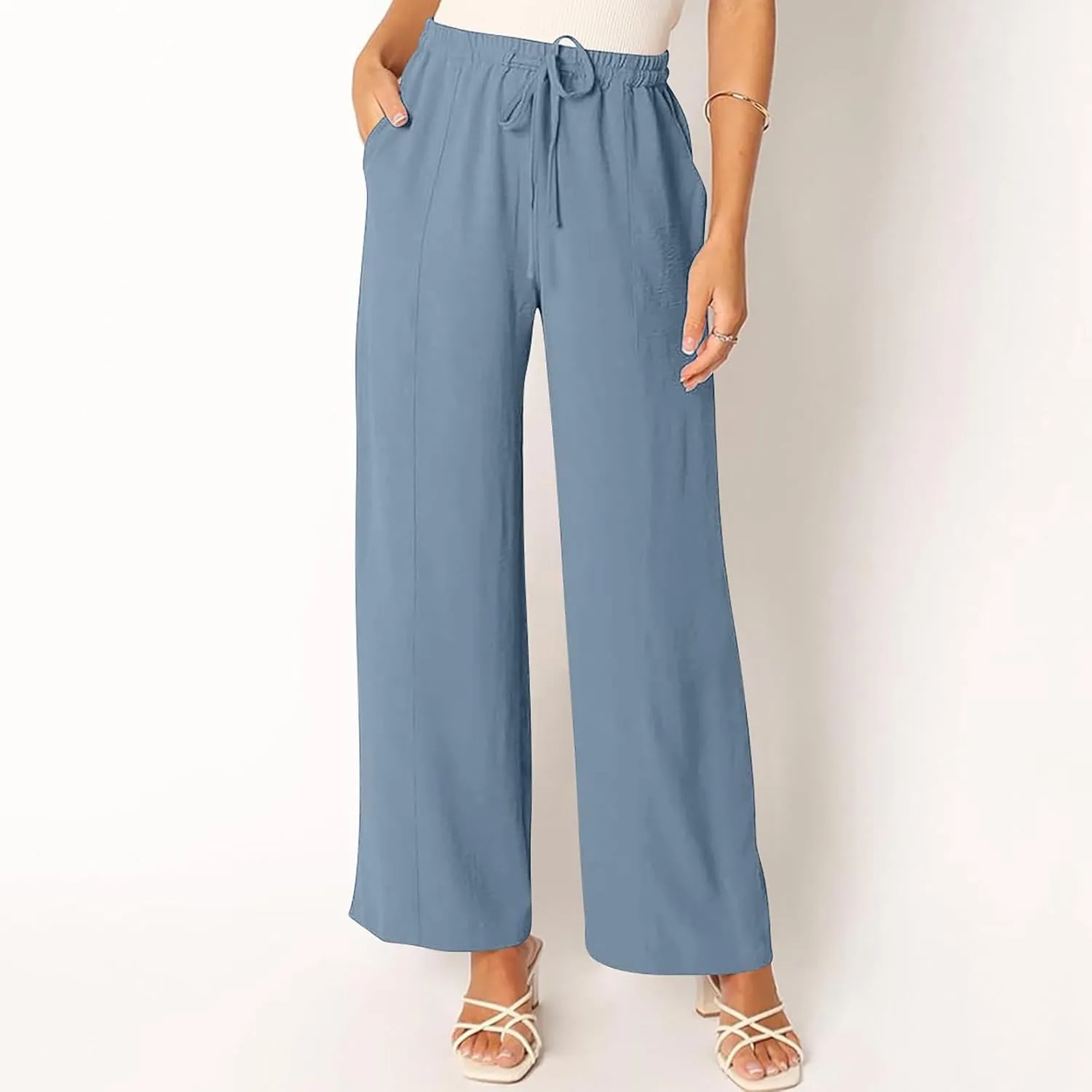 Women's Summer Casual Solid Color Cotton Linen Trousers Drawstring Elastic High Waist Wide Leg Pants with 4 Pockets
