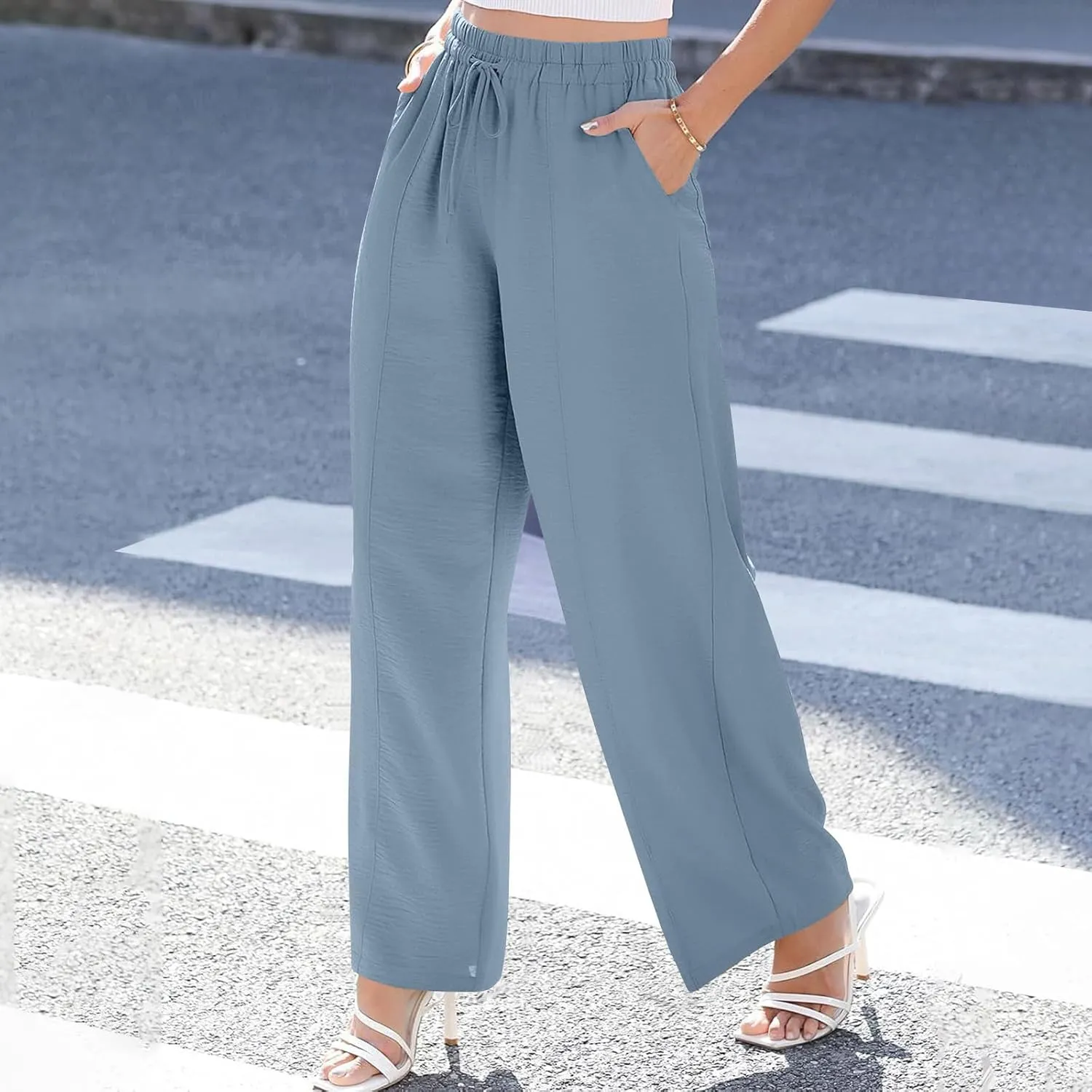 Women's Summer Casual Solid Color Cotton Linen Trousers Drawstring Elastic High Waist Wide Leg Pants with 4 Pockets