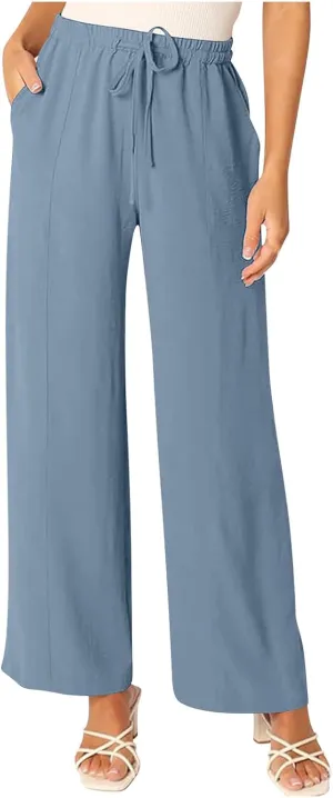 Women's Summer Casual Solid Color Cotton Linen Trousers Drawstring Elastic High Waist Wide Leg Pants with 4 Pockets