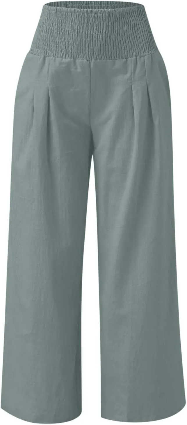 Womens Summer Casual Wide Leg Palazzo Pants Smocked High Waist Loose Lounge Comfy Trousers