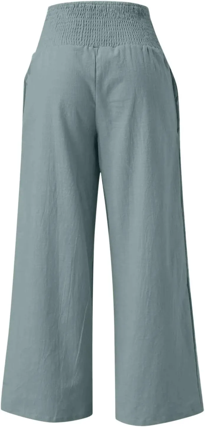 Womens Summer Casual Wide Leg Palazzo Pants Smocked High Waist Loose Lounge Comfy Trousers