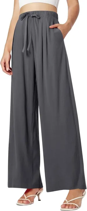 Women's Summer Elastic Waist Wide Leg Pants 2025 Solid Color Cotton Linen Lounge Comfy Plus Size Flowy Long Trousers