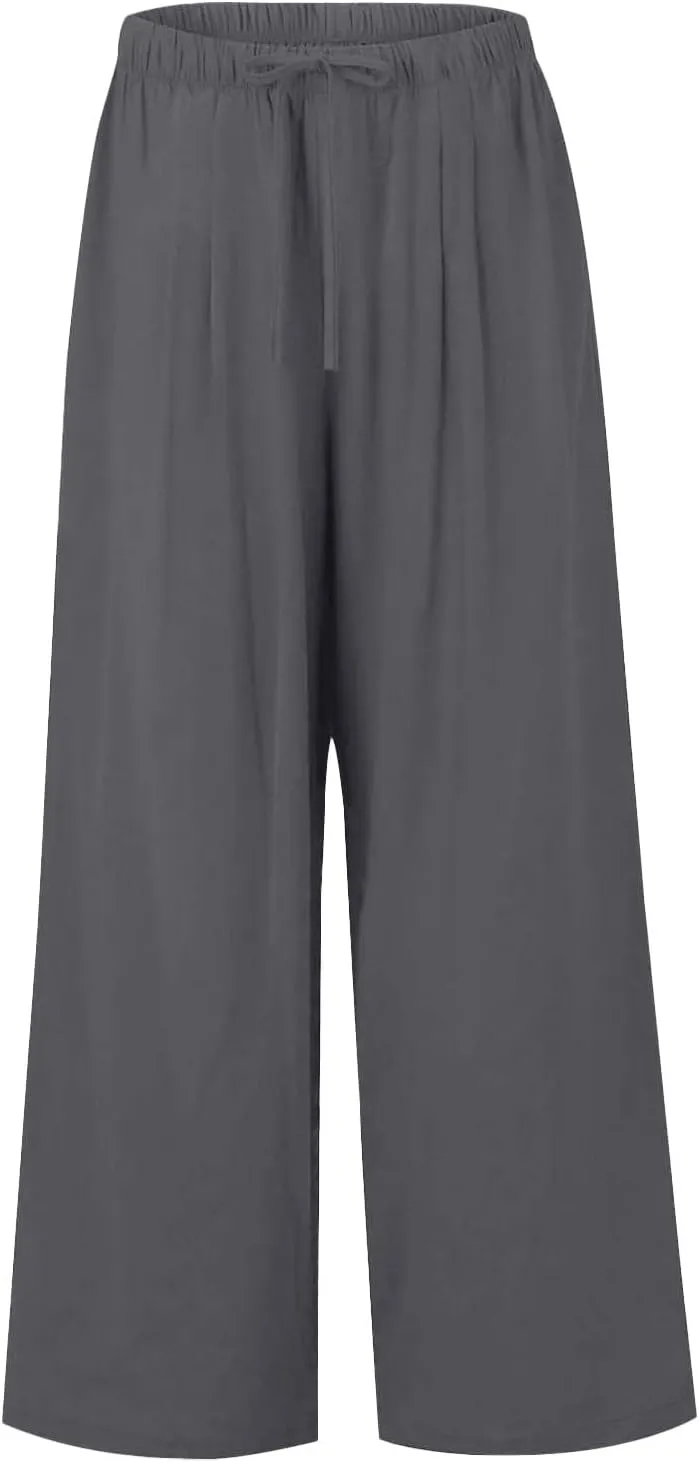 Women's Summer Elastic Waist Wide Leg Pants 2025 Solid Color Cotton Linen Lounge Comfy Plus Size Flowy Long Trousers