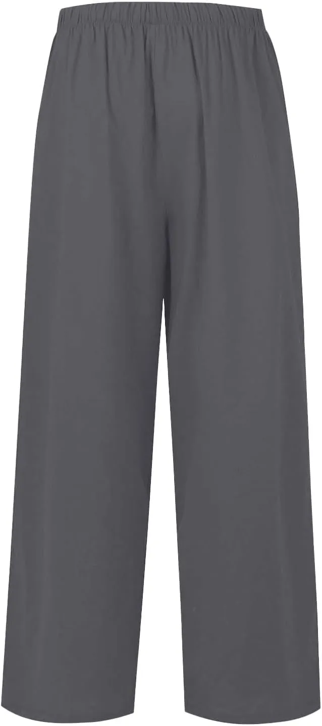 Women's Summer Elastic Waist Wide Leg Pants 2025 Solid Color Cotton Linen Lounge Comfy Plus Size Flowy Long Trousers