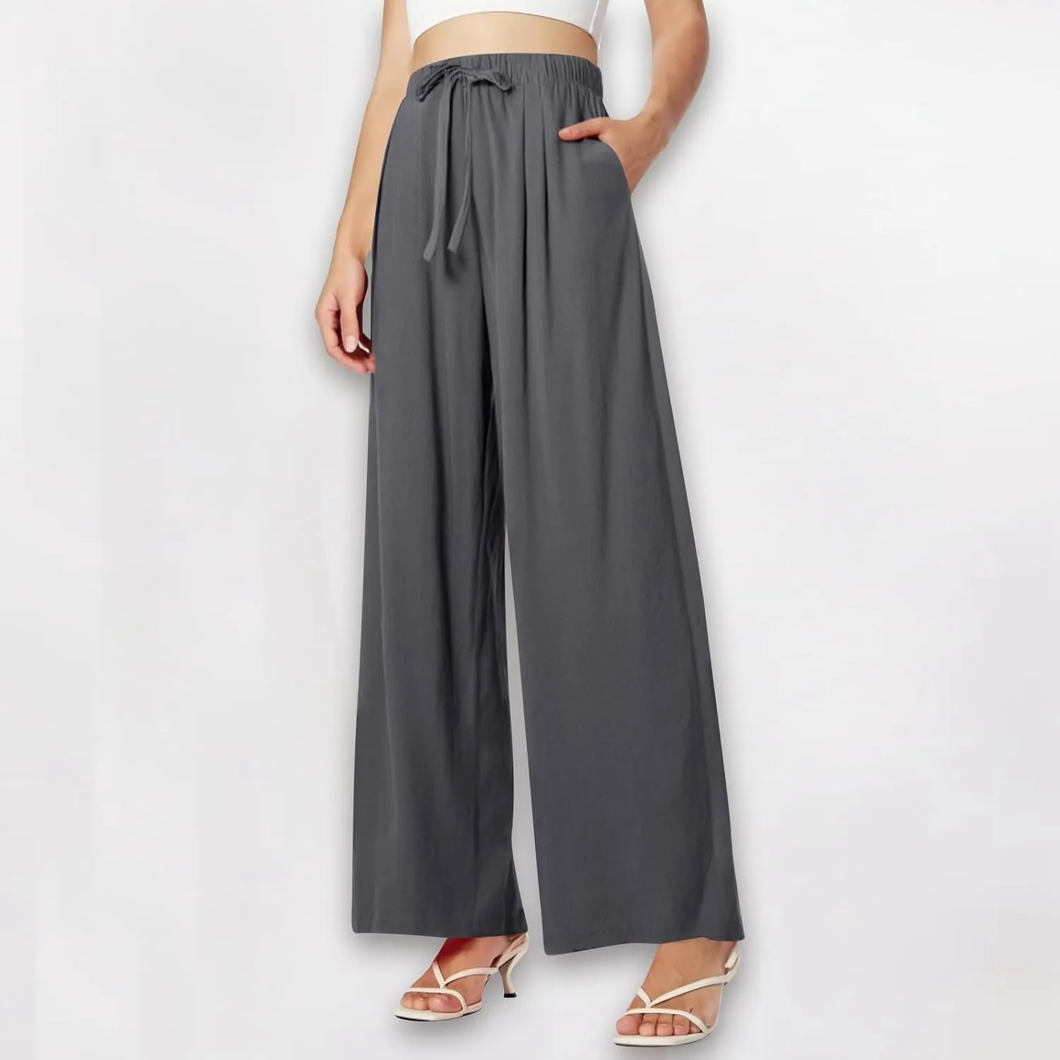 Women's Summer Elastic Waist Wide Leg Pants 2025 Solid Color Cotton Linen Lounge Comfy Plus Size Flowy Long Trousers