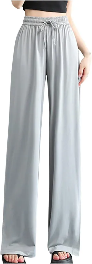 Women's Summer Ice Silk Pants Drawstring High Waist Wide Leg Full Length Loose Casual Sweatpants with Pockets