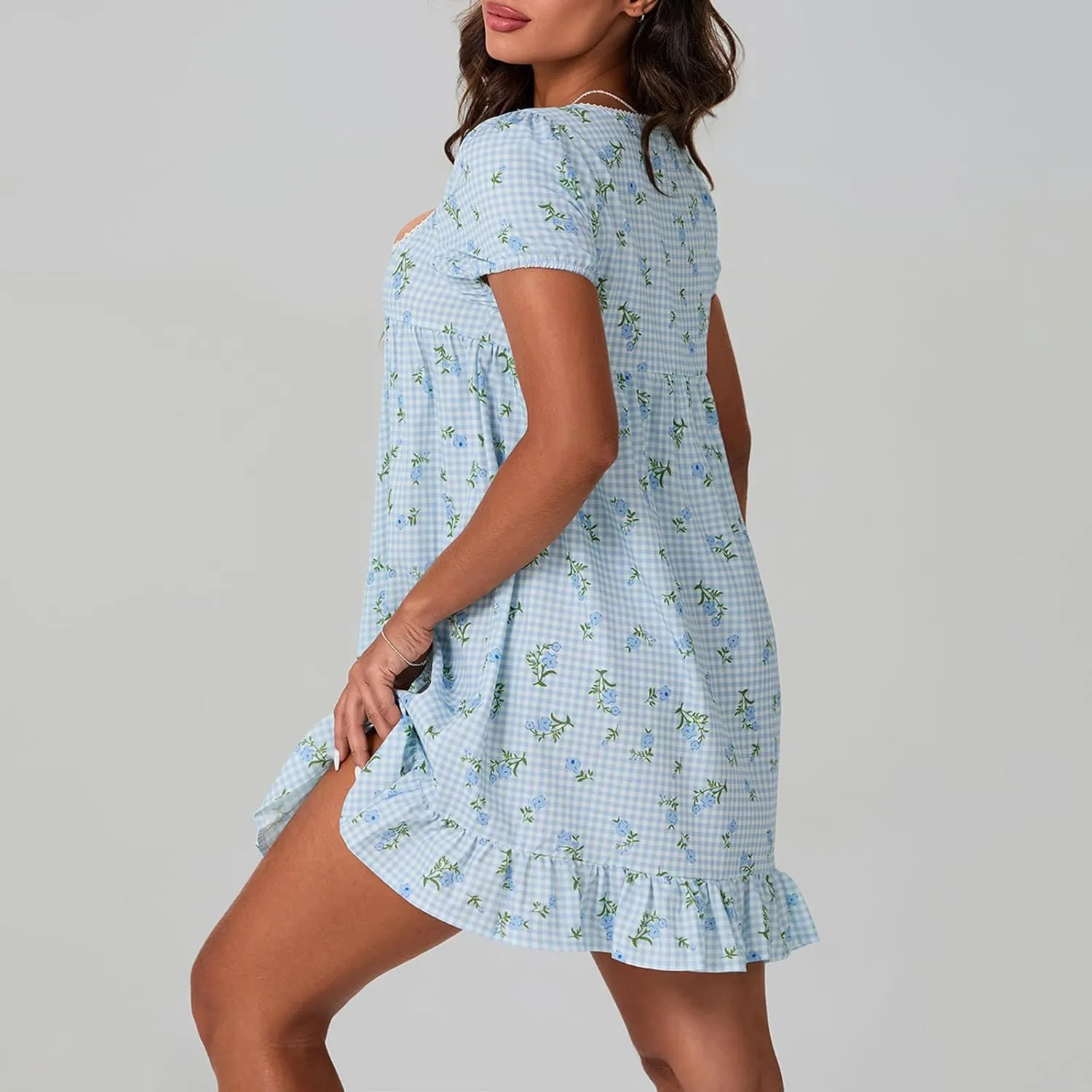 Women's Summer Mini Dress Y2k Cute Print Puff Sleeve Square Neck Ruffle Hem Flowy A-Line Short Dress